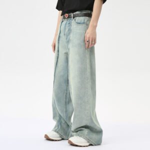 Retro Light Color Stitching Design Straight Wide Leg Jeans