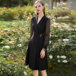 Stylish Black Lace-sleeve Waist-cinched Dress
