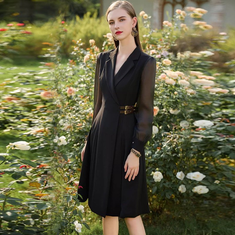 Stylish Black Lace-sleeve Waist-cinched Dress - Image 3
