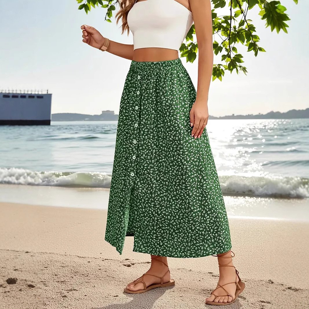 European And American Printed Breasted Self-tie Summer Pastoral A- Line Skirt Advanced Skirt - Image 2