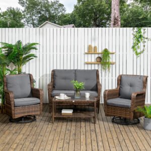 4 Piece PE Rattan Outdoor Patio Furniture Set, Wicker Conversation Set with 2 Swivel Glider Chairs, 2-Tier Glass Table and Loveseat for Garden, Patio, Poolside, Gray