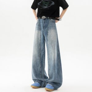 Retro Blue Denim Mens Loose Wide-leg Pants