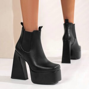 Womens Patent Leather Square-toe Boots With Chunky Heels