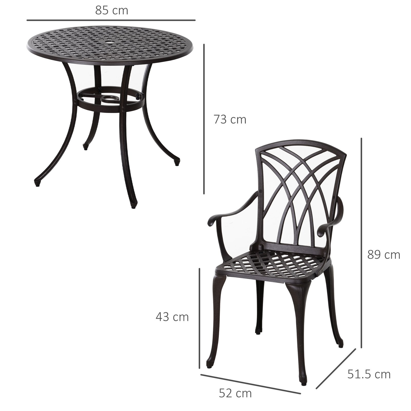 5 Pieces Garden Dining Set For 4, Cast Aluminium Outdoor Dining Set With 4 Armchairs And Round Dining Table With Parasol Hole, Garden Furniture Set, Brown - Image 3