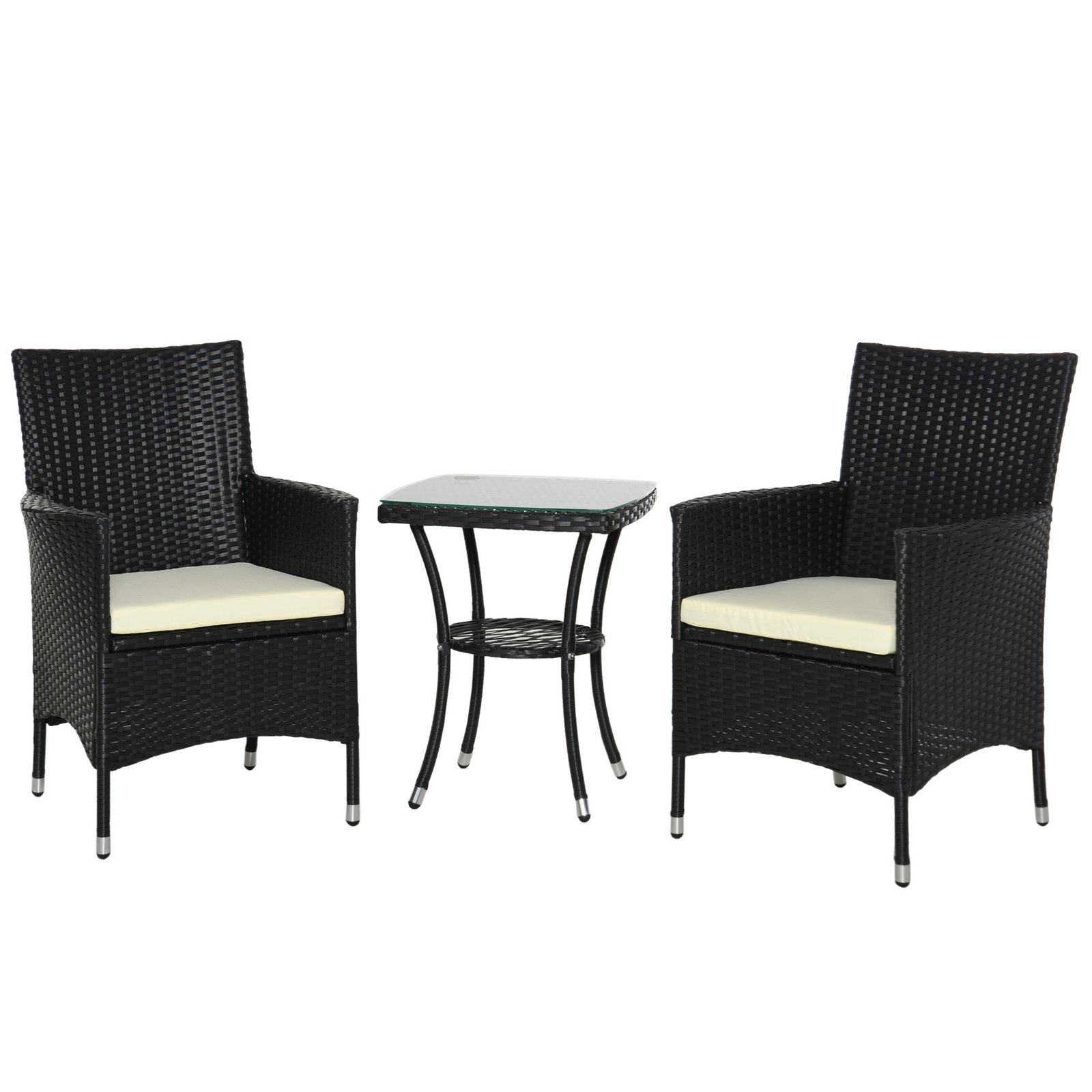 3 Pieces Rattan Bistro Set, Wicker Garden Furniture Set With 2-Tier Coffee Table And Chairs, Cushions, For Outdoor Patio Balcony, Black