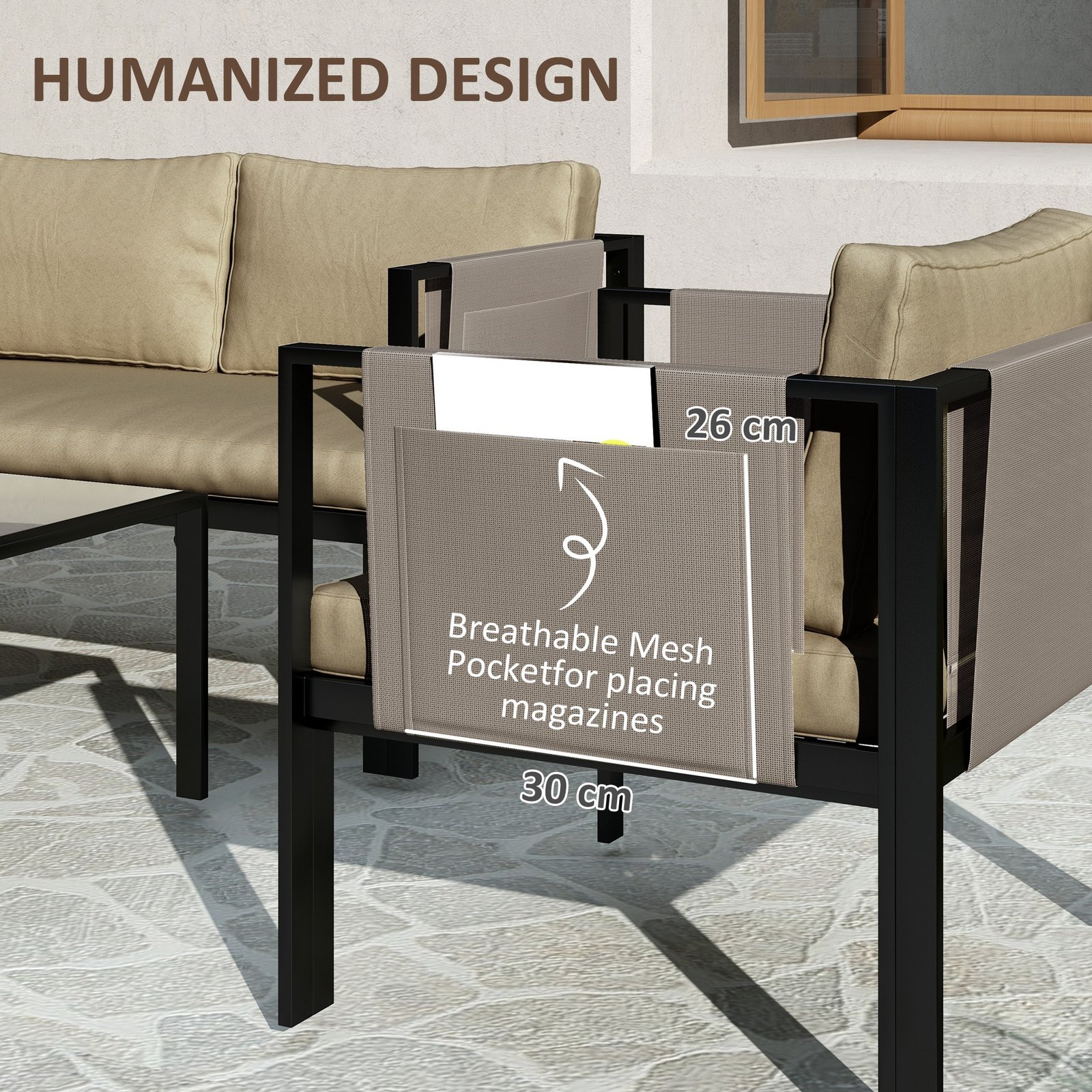 4 Piece Metal Garden Furniture Set With Tempered Glass Coffee Table, Texteline Pocket, Outdoor Set Loveseat Single Armchairs With Padded Cushions, Khaki - Image 4