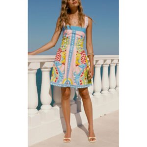Short Dress With A Back Pleat And A Positioned Print