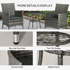 3 Pieces Rattan Bistro Set, Wicker Garden Furniture Set With 2-Tier Coffee Table And Chairs, Washable Cushions, For Outdoor Patio Balcony, Mixed Grey