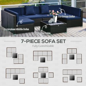 7-Piece Rattan Couch, Outdoor Patio Furniture Set, With Removable Cushions And Ottoman, Glass Coffee Table- Dark Coffee  Blue