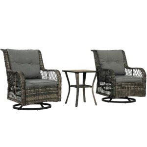 3 Piece Outdoor Bistro Set, Wicker Small Patio Furniture Set With Swivel Glider Chairs For Balcony, Porch, Gray