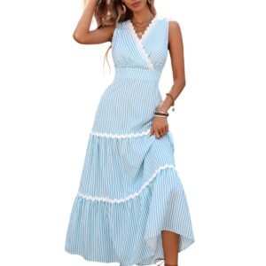 Lace-trimmed V-neck Sleeveless Blue Striped Ruched Dress