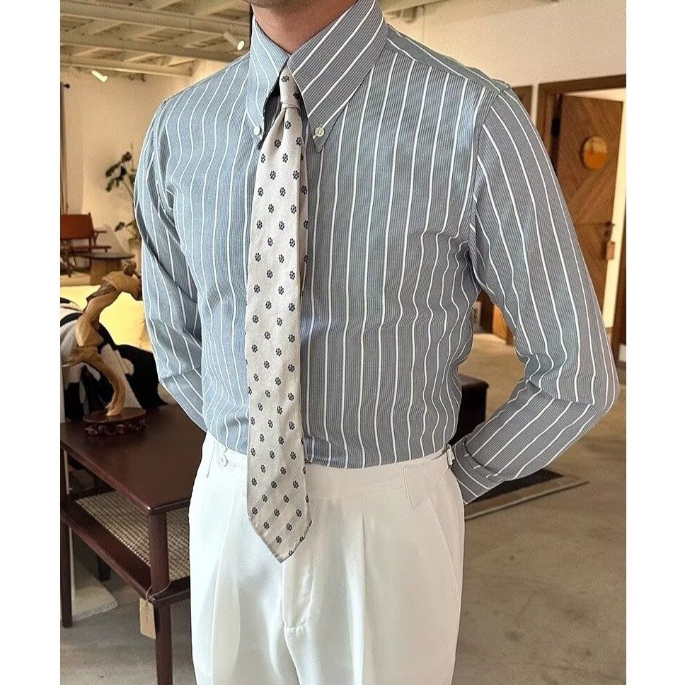 Lapel Vintage Stripe Versatile Slim-fit Long Sleeve Shirt - Image 3