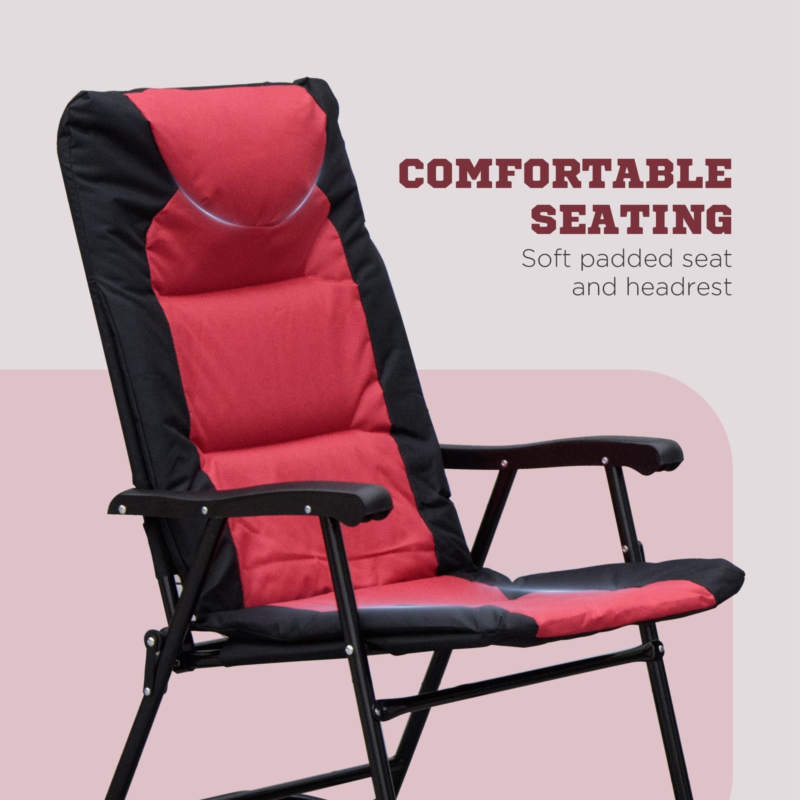 3 Piece Outdoor Patio Furniture Set with Glass Coffee Table & 2 Folding Padded Rocking Chairs, Bistro Style for Porch, Camping, Balcony, Red - Image 7