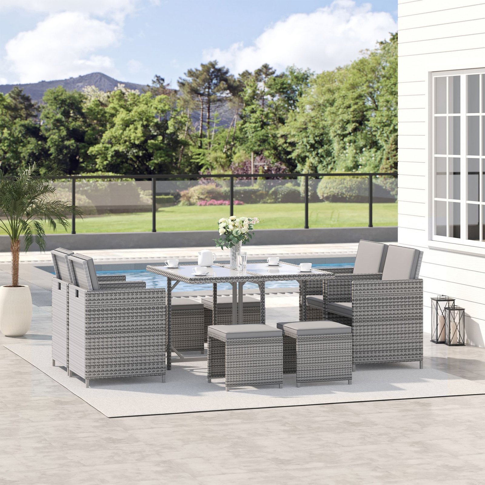 9 Pieces Outdoor Dining Set for 8, Space Saving Wicker Chairs and Square Glass Table with Cushions and Ottomans, Rattan Conversation Patio Furniture Set for Garden, Light Gray/Dark Gray - Image 2