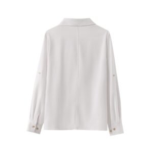 White V-neck Roll-up Sleeve Linen Blend Shirt