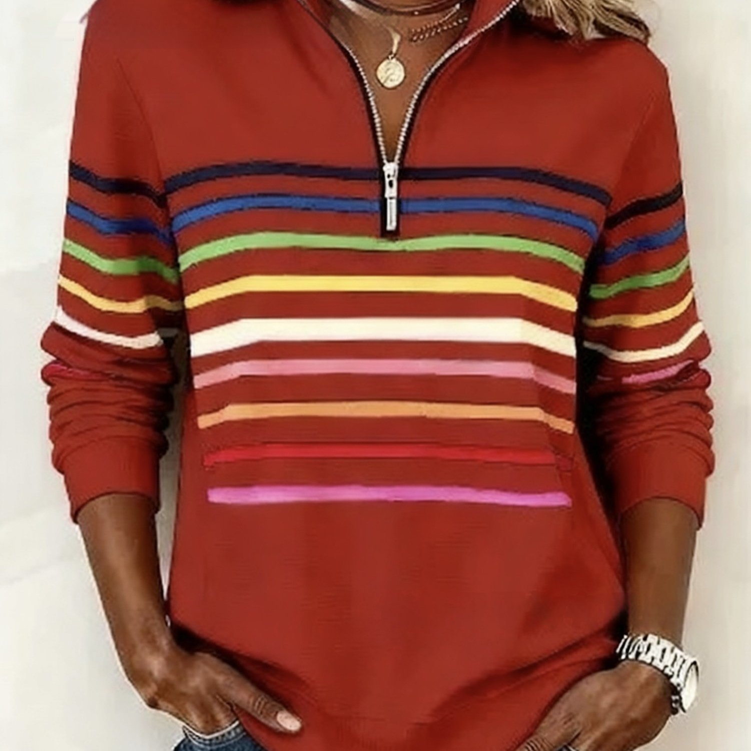 Womens Fashionable Casual Christmas Stand-Up Collar Zip-Up Sweatshirt With A Print Pattern