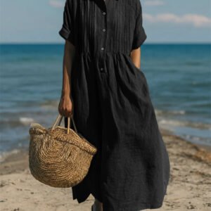 Notch-collar Button-front Pleated Short-sleeve Cotton-linen Dress