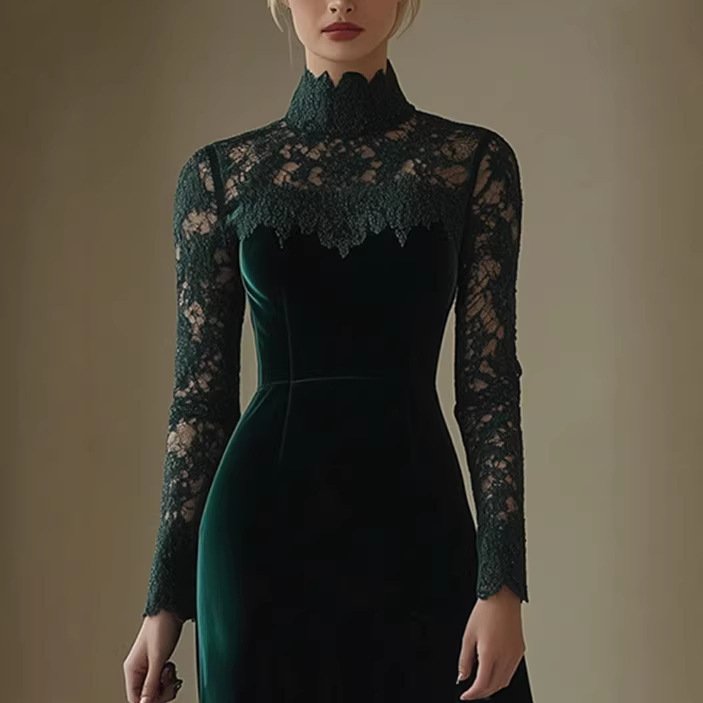 Vintage Velvet Stitched Lace High-Neck Long-Sleeve Midi Dress - Image 3