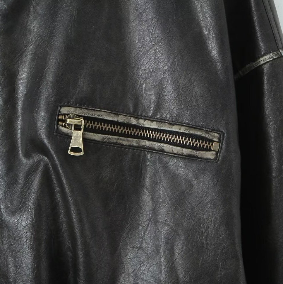 Lapel Long Sleeve Zipper Brushed Leather Coat - Image 4