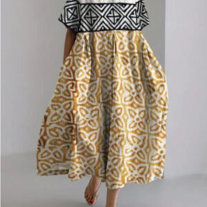 Womens 3D-printed High-end Crew-neck Short-sleeve Plus-size Dress