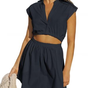 Womens V-neck Solid-Color Cleverly Defined Waistline Turn-Down Collar Midriff-Baring Short Dress