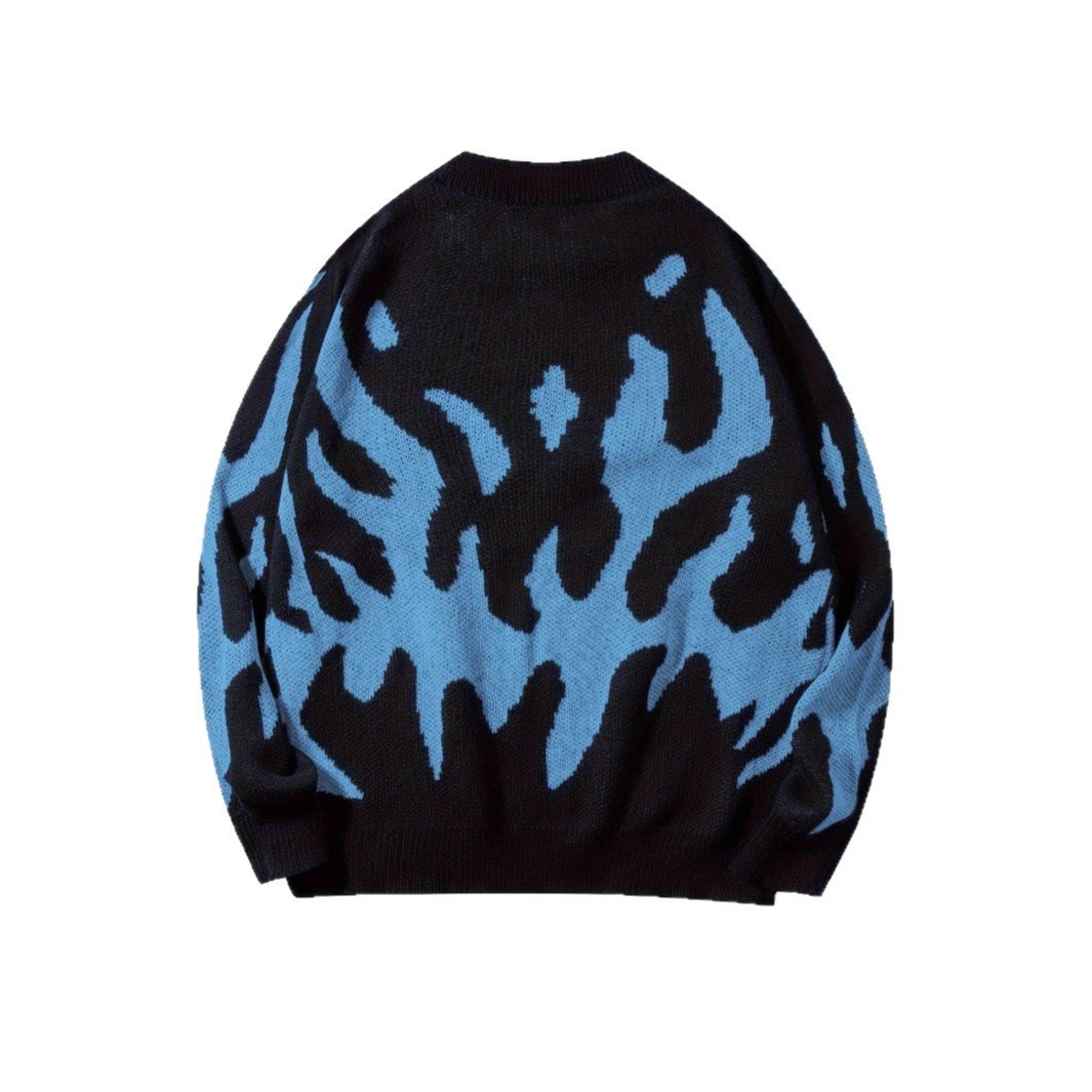 Loose-fitting Crew Neck Design Trendy Avant-garde Black-and-blue Color Scheme Abstract-pattern Knit Sweater - Image 6