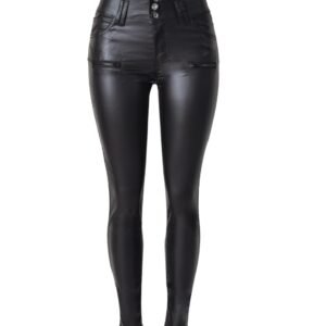 High Waist 3-button Slim-fit Leather Skinny Pants