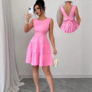 Solid-color Backless Bow-knot Sleeveless Mini Dress