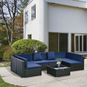 7-Piece Rattan Couch, Outdoor Patio Furniture Set, With Removable Cushions And Ottoman, Glass Coffee Table- Dark Coffee  Blue