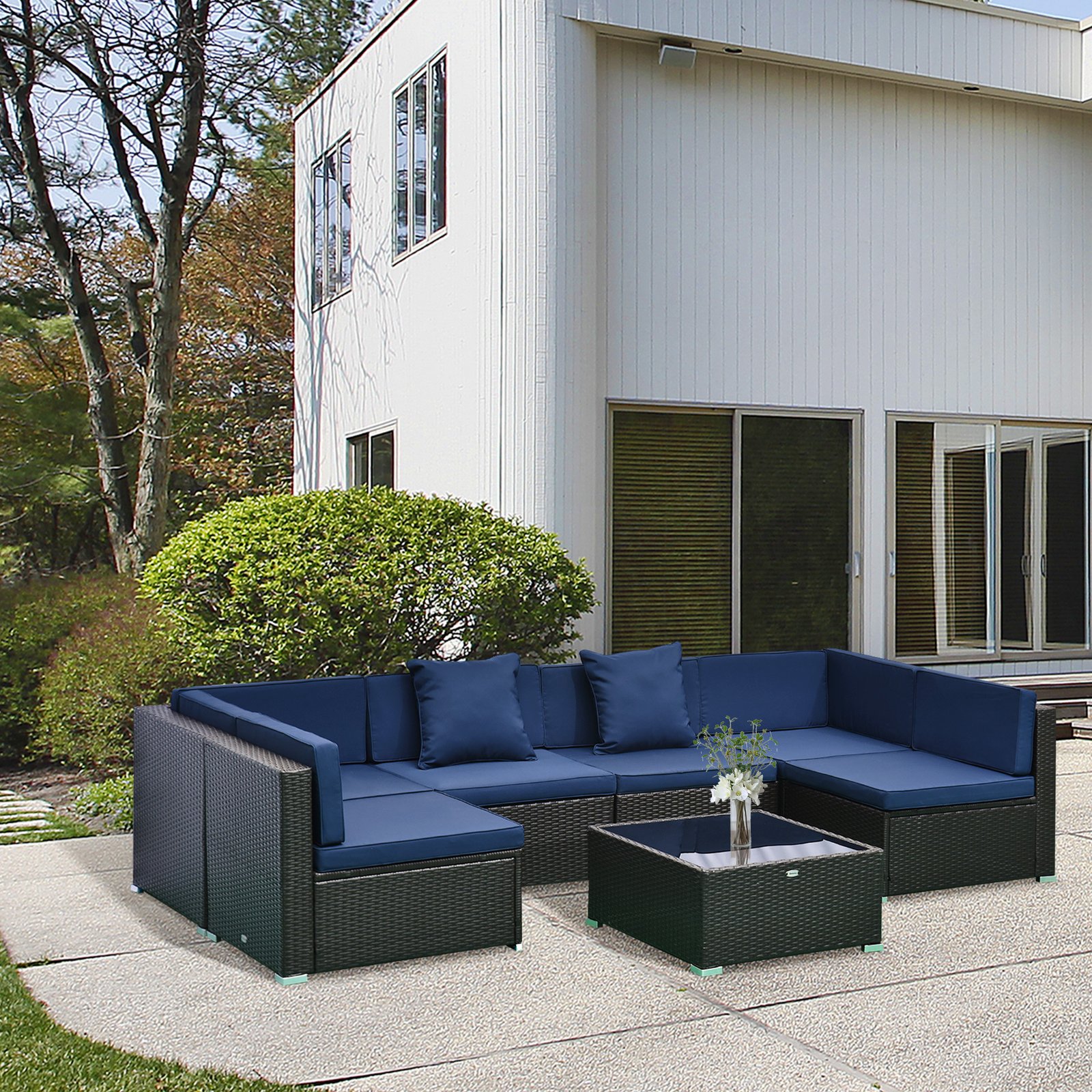 7-Piece Rattan Couch, Outdoor Patio Furniture Set, With Removable Cushions And Ottoman, Glass Coffee Table- Dark Coffee Blue - Image 7