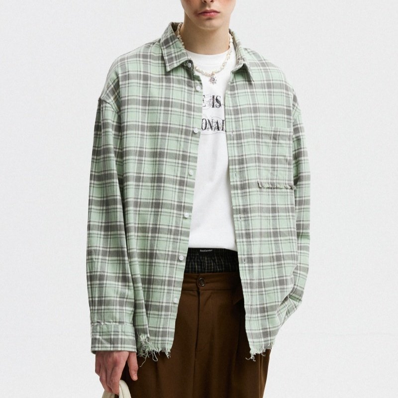 Unisex Autumn American-style Plaid Shirt With Raw Edges - Image 5