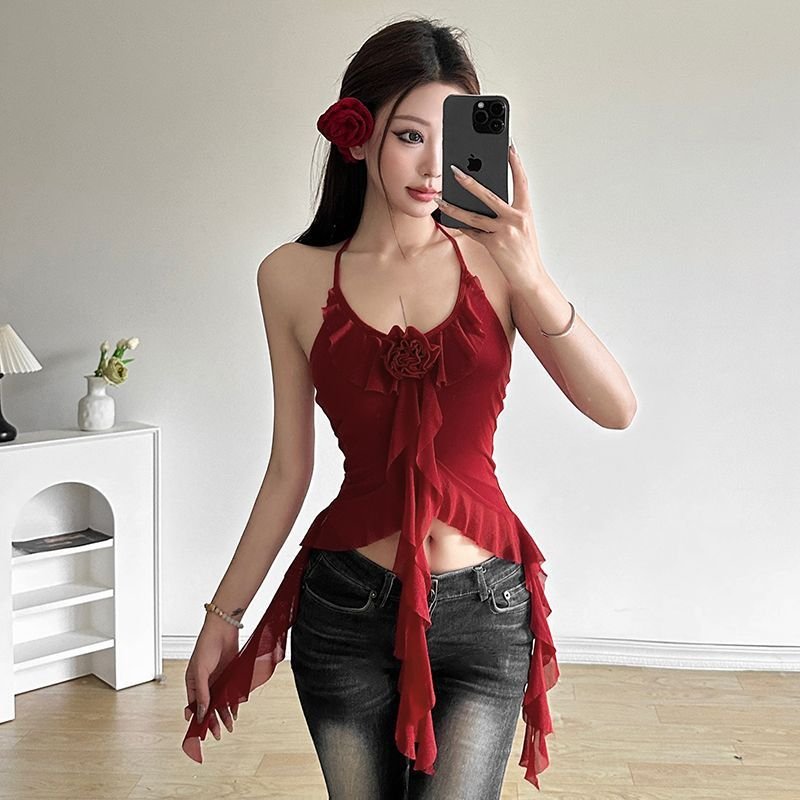 Pure And Alluring Three-Dimensional Floral Halterneck Sleeveless Tank Top - Image 5
