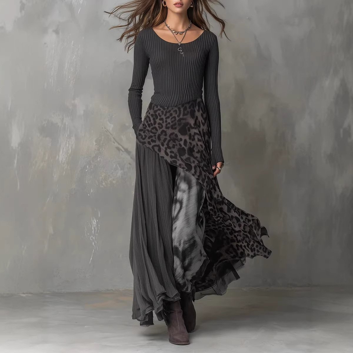 Leopard-print Elastic Waist Maxi Dress