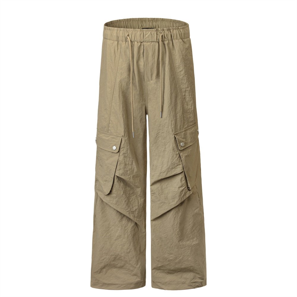 American-style Drawstring Wrinkle Overalls Men's High Street Fashion Brand Casual Paratrooper Pants Pleated Loose Straight Trousers