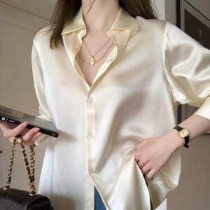 Womens French Satin Silk Long-Sleeve Shirt