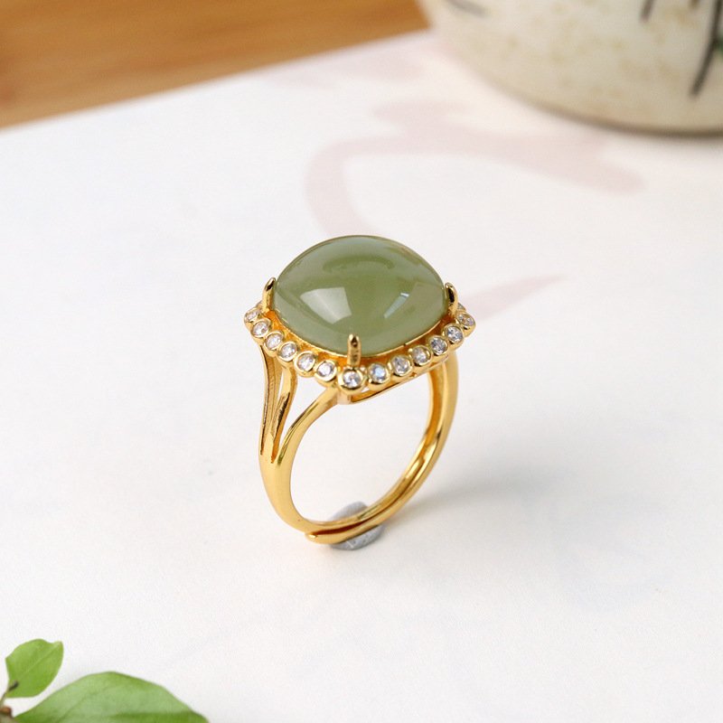 Qishang Biyu Square Ring Minimalist Geometric Square In White Jade And Green Jade
