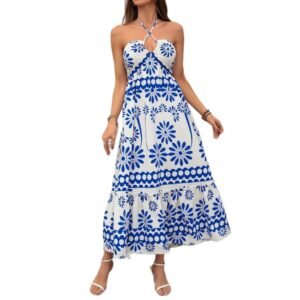 Womens Casual Off-shoulder Halterneck Cross-over Dress