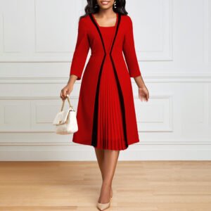 Elegant Faux Two-piece Pleated Dress With Three-quarter Sleeves For Women