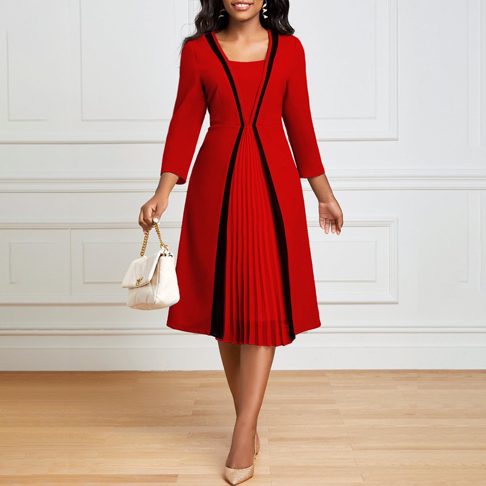 Elegant Faux Two-piece Pleated Dress With Three-quarter Sleeves For Women - Image 3