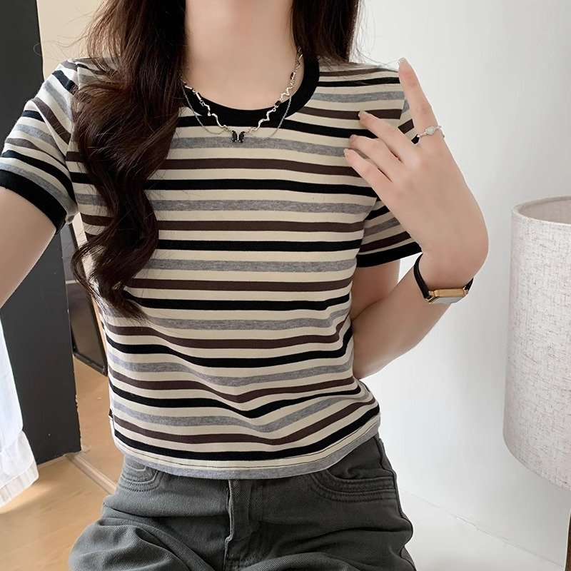 Women's Green Striped Regular-fit Slim Short-sleeve T-shirt - Image 6