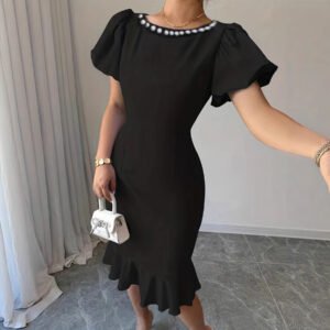 Solid-color Bubble-sleeve Mermaid Slimming Dress