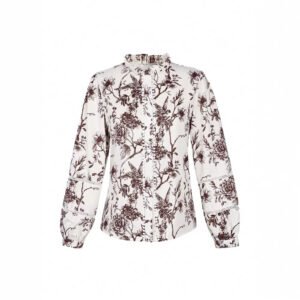 Elegant Womens Printed V-neck Blouse With Buttons And Puff Sleeves