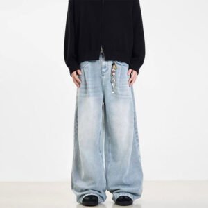 Retro Side Double Oblique Pleated Washed Blue Jeans For Men And Women