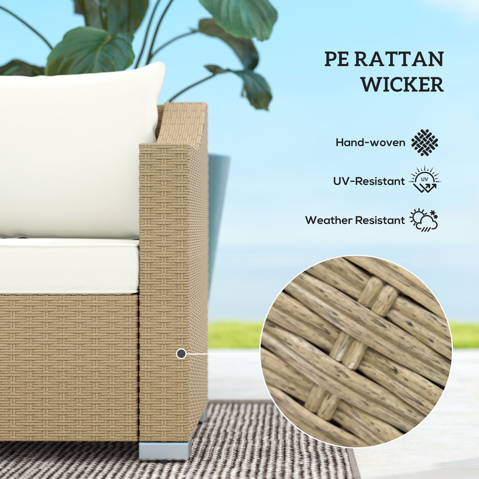 Rattan Wicker 3 Seater Patio Couch With Cushions, 2 Throw Pillows, Outdoor Furniture Rattan Sofa, Cream White - Image 4