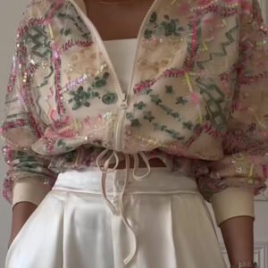Embroidered Sequin Cropped Bomber Jacket