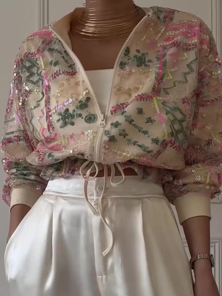 Embroidered Sequin Cropped Bomber Jacket - Image 3