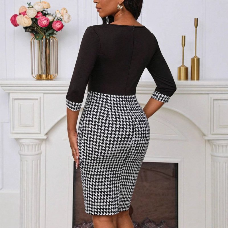 SpringSummer Houndstooth Patchwork Asymmetrical-Neckline Slim-Fit Dress - Image 2