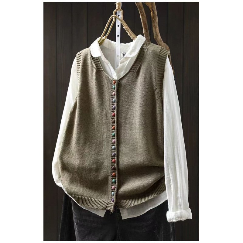 Spring And Autumn Outer Wear Solid Color And V-neck Color Buckle Knitted Cardigan Vest Vest For Women - Image 7