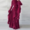 Womens Irregular Pleated Ruffle Red Elegant Long Dress