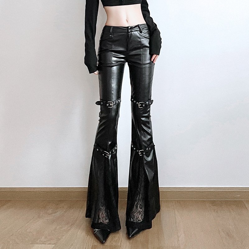 Lace Stitching Leather Bell-bottom Pants - Image 3
